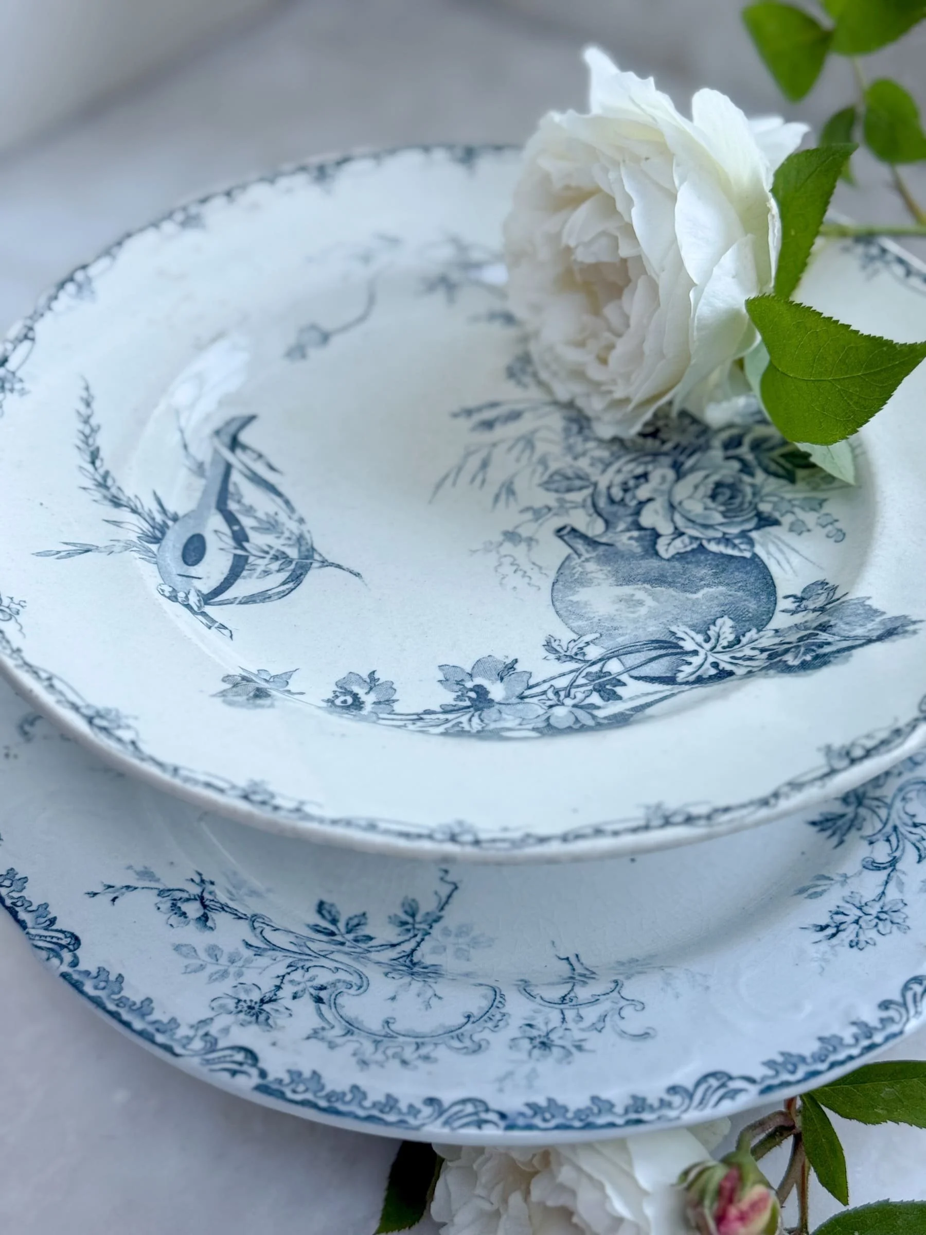 Antique French Terre de Fer Blue Transferware Bird Plates